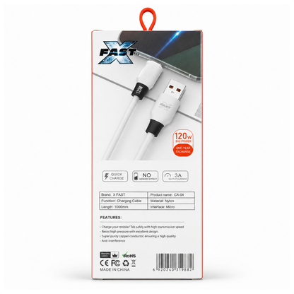 120W USB-A to Micro USB fast charging cable with 3A output and 1m length. Ideal for compatible Android phones, tablets and Micro USB devices - White