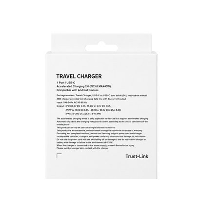 45W USB-C PD Fast Charging Travel Adapter with USB-C to USB-C 5A Cable – Black