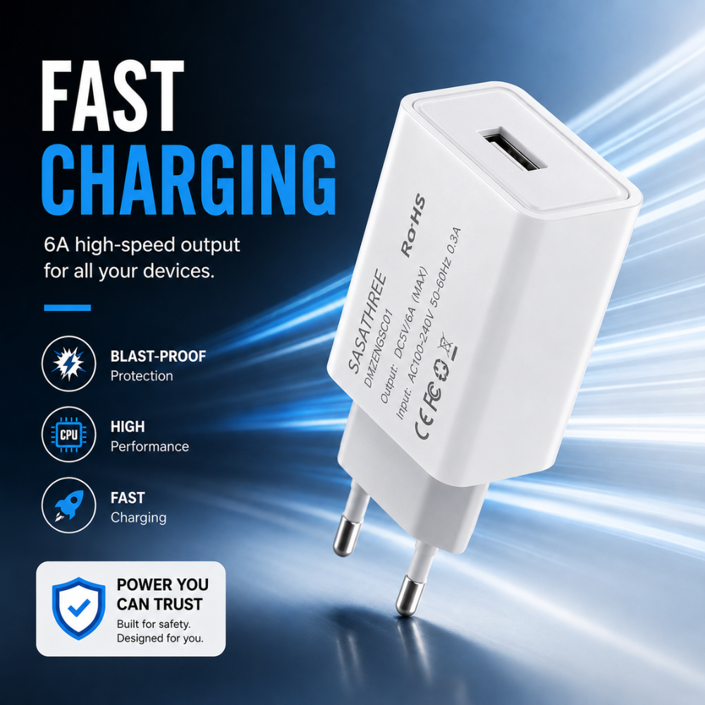 USB wall charger with EU plug and USB-A output - SASATHREE SC01 White, Compact white travel charger for compatible USB-powered devices