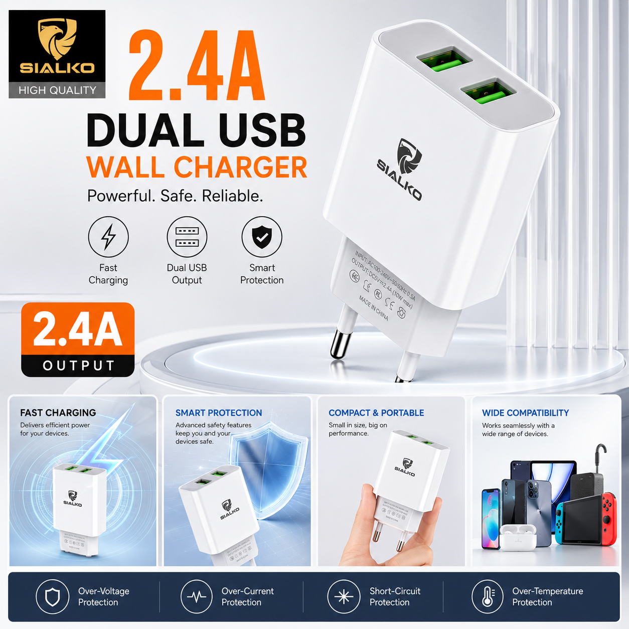 SIALKO 2.4A Dual USB Wall Charger with Lightning cable, compact design, and suitable for compatible Lightning devices - White