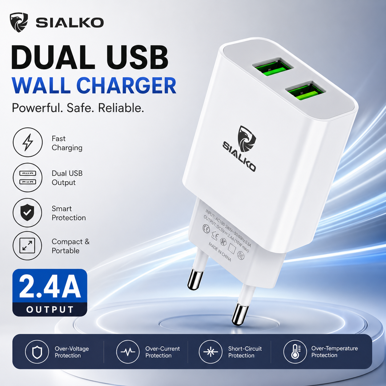 SIALKO 2.4A Dual USB Wall Charger with Lightning cable, compact design, and suitable for compatible Lightning devices - White
