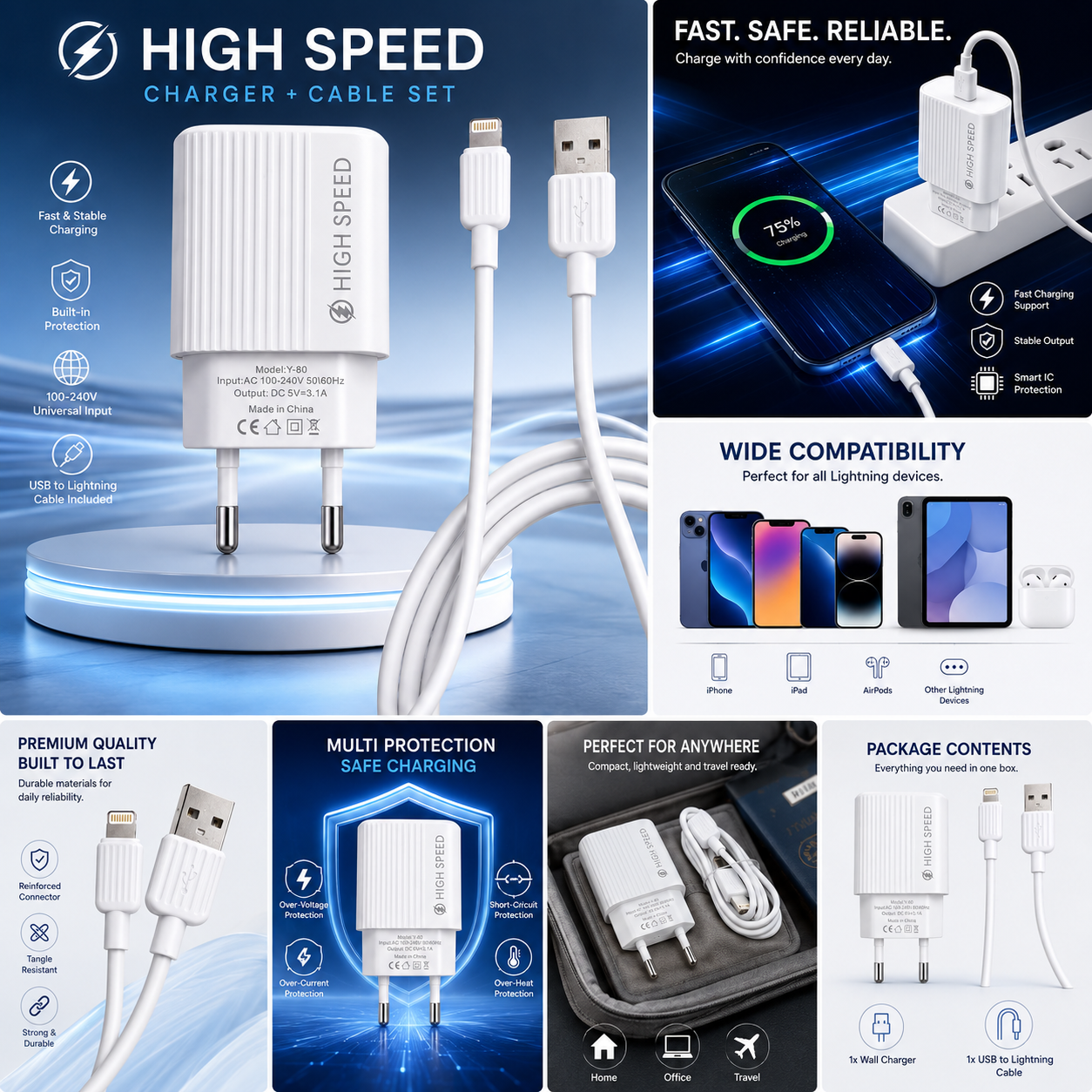 3.1A Lightning Fast Charger Kit with USB wall charger and Lightning cable. Compatible with Lightning devices - White