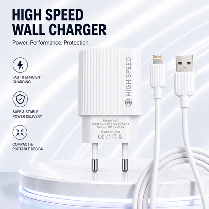 3.1A Lightning Fast Charger Kit with USB wall charger and Lightning cable. Compatible with Lightning devices - White