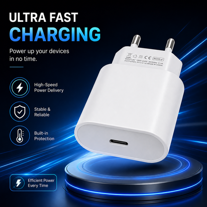 GERLAX USB-C Wall Charger 2.1A with EU plug. Compact white charging adapter for compatible USB-C devices - White