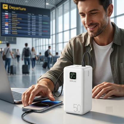 GERLAX GP-523 50000mAh 4 USB Power Bank with Built-in 3-in-1 Charging Cables & Digital Display – White