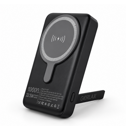 GERLAX P113P 10000mAh magnetic wireless power bank with 22.5W output, 15W wireless charging, digital display and built-in stand - Black