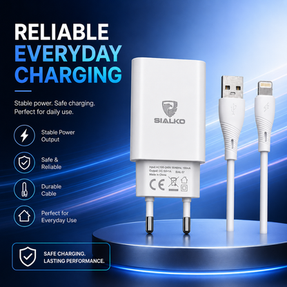 SIALKO 2.4A USB wall charger with Lightning cable. Compact EU plug charging kit for compatible Lightning devices - White