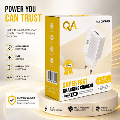 QA-03 USB wall charger with EU plug and USB-A output. Compact 1.4A charging adapter for compatible USB-powered devices - White