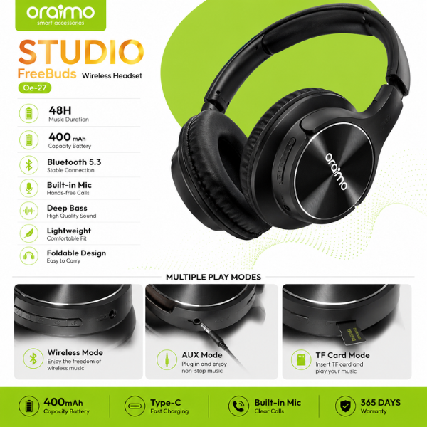 Oraimo Studio FreeBuds OR-27 Wireless Bluetooth Headphones Black