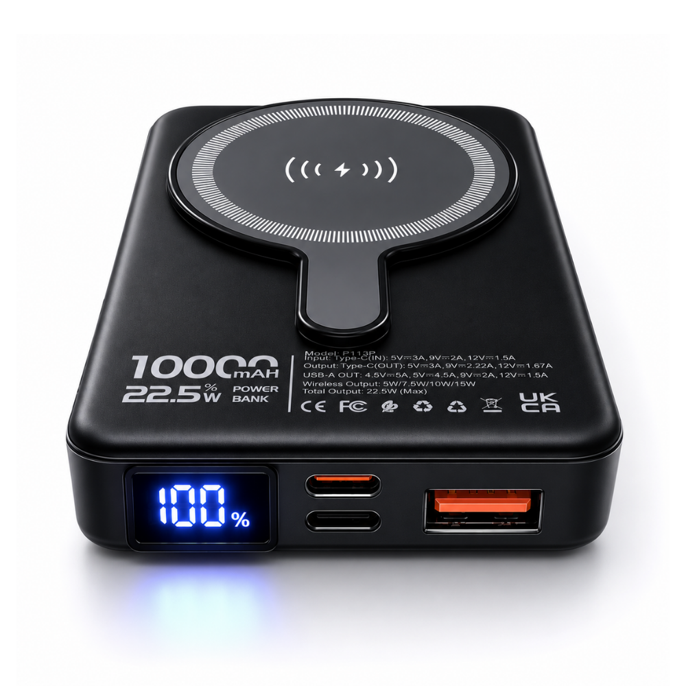 GERLAX P113P 10000mAh magnetic wireless power bank with 22.5W output, 15W wireless charging, digital display and built-in stand - Black