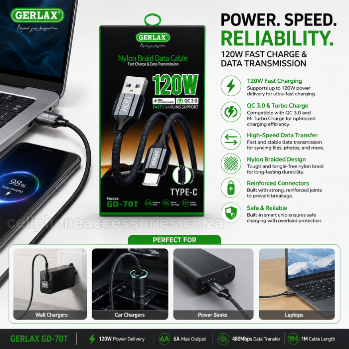 GERLAX GD-70T USB-A to USB-C 120W Fast Charging Data Cable 1M, Nylon Braided Type-C Charger Cable Compatible with Android Smartphones, Tablets and USB-C Devices - Black