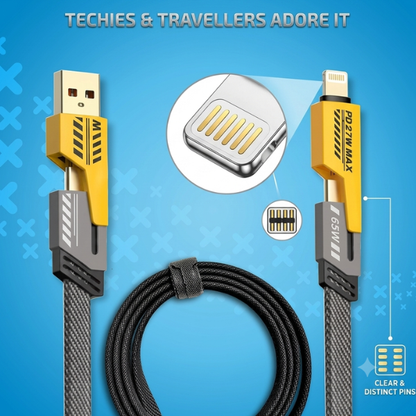4-in-1 Fast Charging Cable Compatible for USB-A & USB-C to Type-C & Lightning Connector 65W Nylon Braided Black