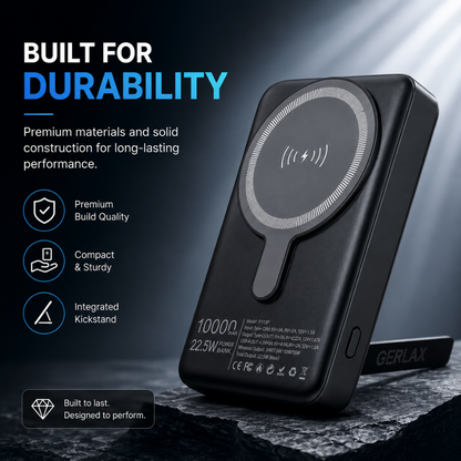 GERLAX P113P 10000mAh magnetic wireless power bank with 22.5W output, 15W wireless charging, digital display and built-in stand - Black